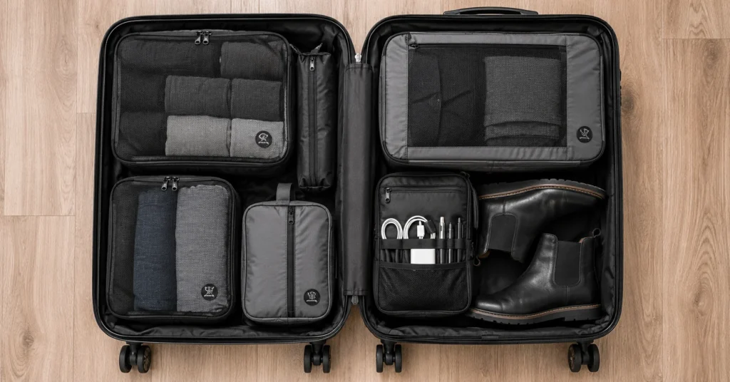 Minimalist hardshell suitcase open on a floor showing organized compression packing cubes and travel gear.