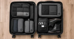 Minimalist hardshell suitcase open on a floor showing organized compression packing cubes and travel gear.