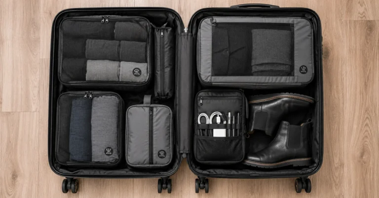 Minimalist hardshell suitcase open on a floor showing organized compression packing cubes and travel gear.