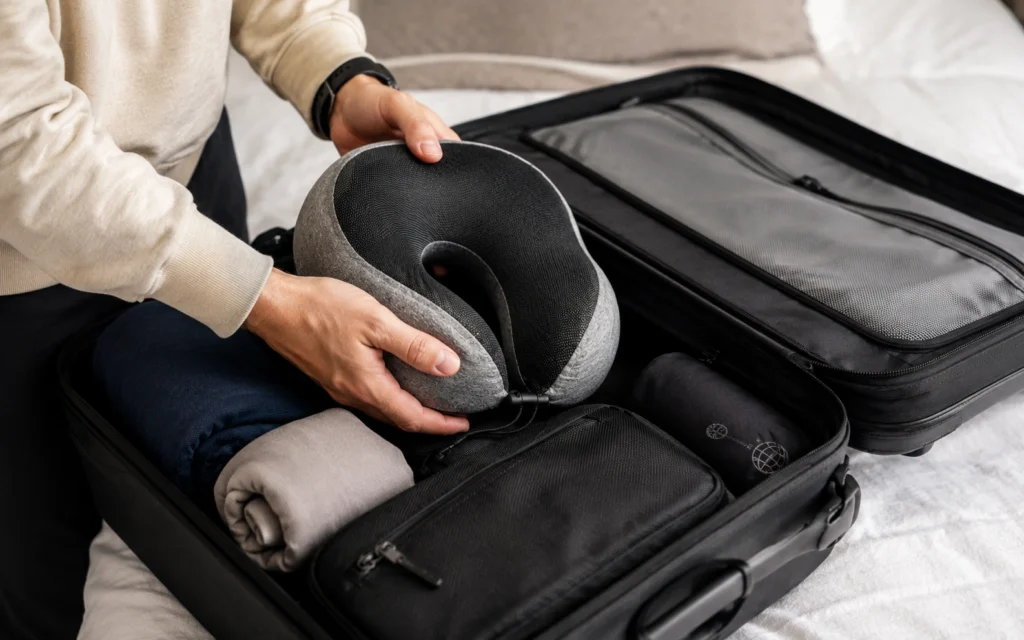 Inflatable travel pillow compressed and packed in carry-on luggage