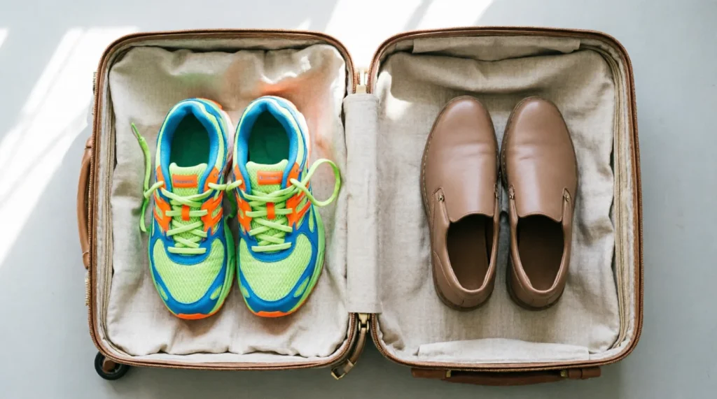 Comparison of bulky running shoes and minimalist travel sneakers packed in luggage