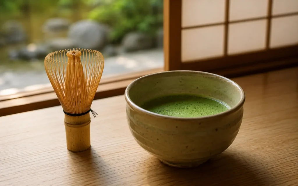 Frothy bowl of matcha green tea with a bamboo whisk on a wooden table in Uji.