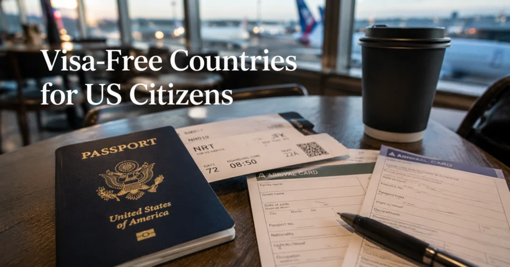 US passport and international boarding documents at an airport before a visa-free trip