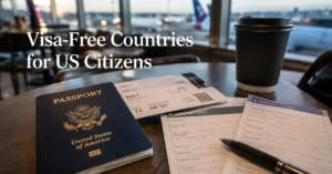 US passport and international boarding documents at an airport before a visa-free trip