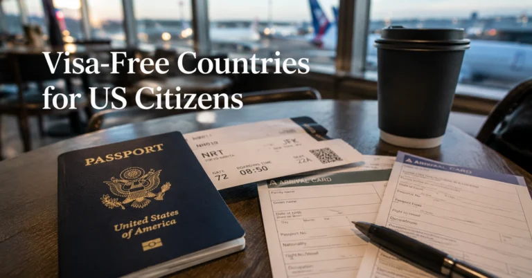 US passport and international boarding documents at an airport before a visa-free trip