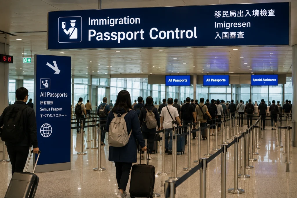 International travellers approaching passport control after arrival