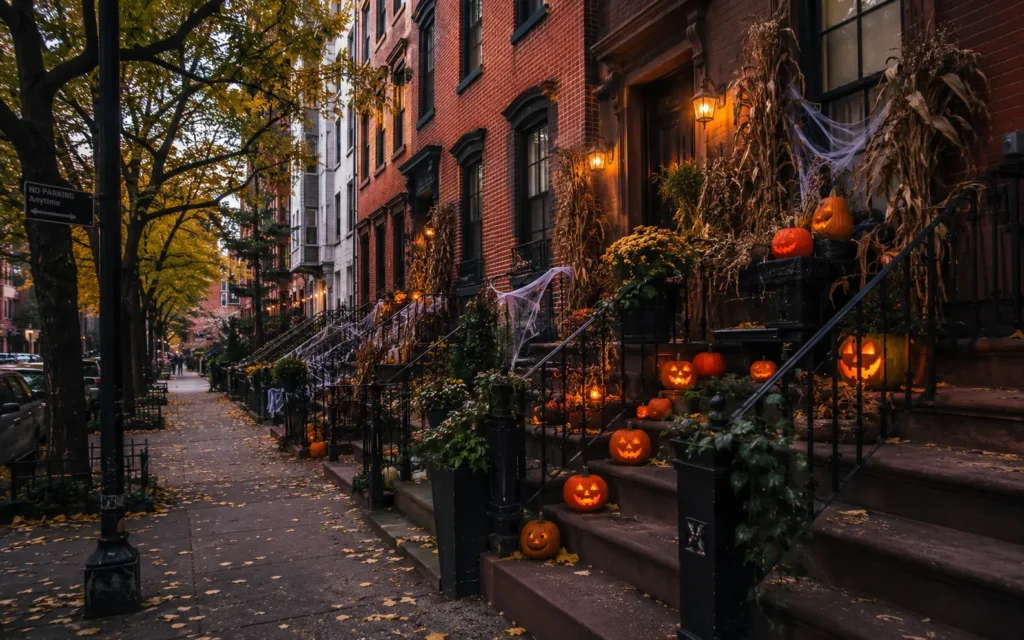 Halloween decorations on brownstones in the West Village during October