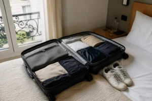 Packed suitcase for a 2-week Europe trip with organized clothing and gear