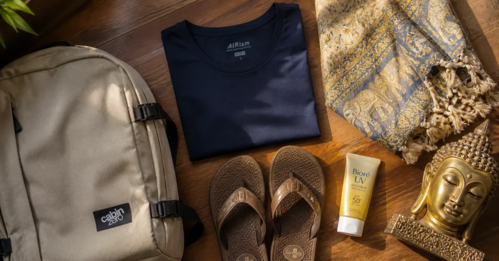 Packed essentials for Thailand travel: quick-dry clothing, temple-appropriate scarf, lightweight daypack, and sunscreen