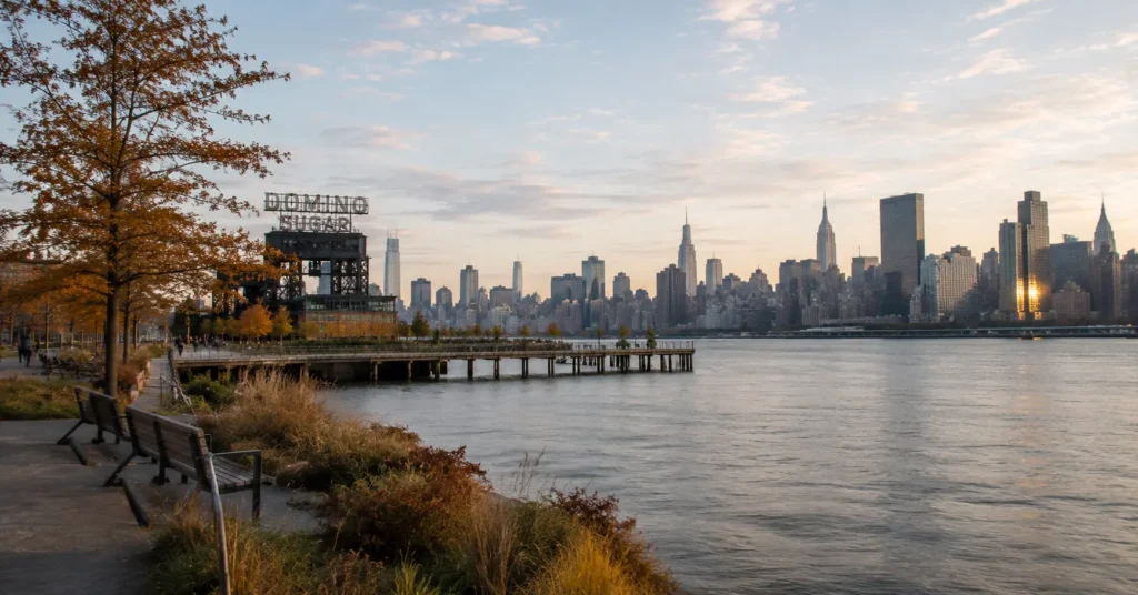 Early morning view of Domino Park waterfront in Williamsburg Brooklyn with Manhattan skyline in background