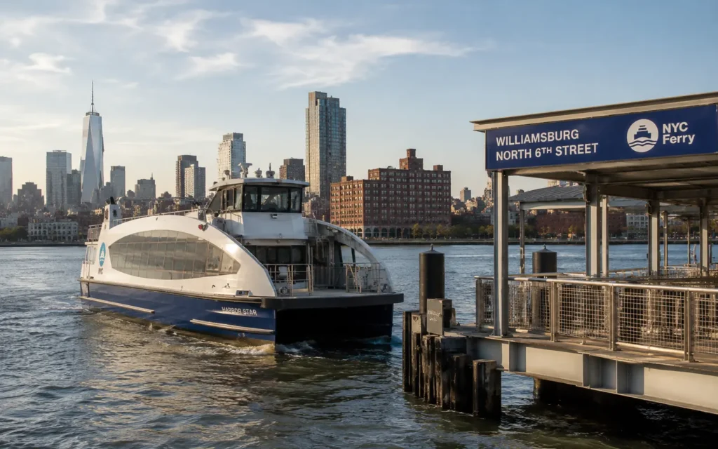 NYC East River ferry docking at North 6th Street pier in Williamsburg