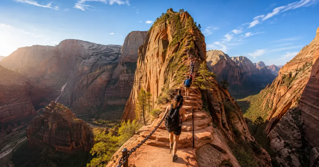 Hikers navigating the steep chain section of Angels Landing trail in Zion National Park.