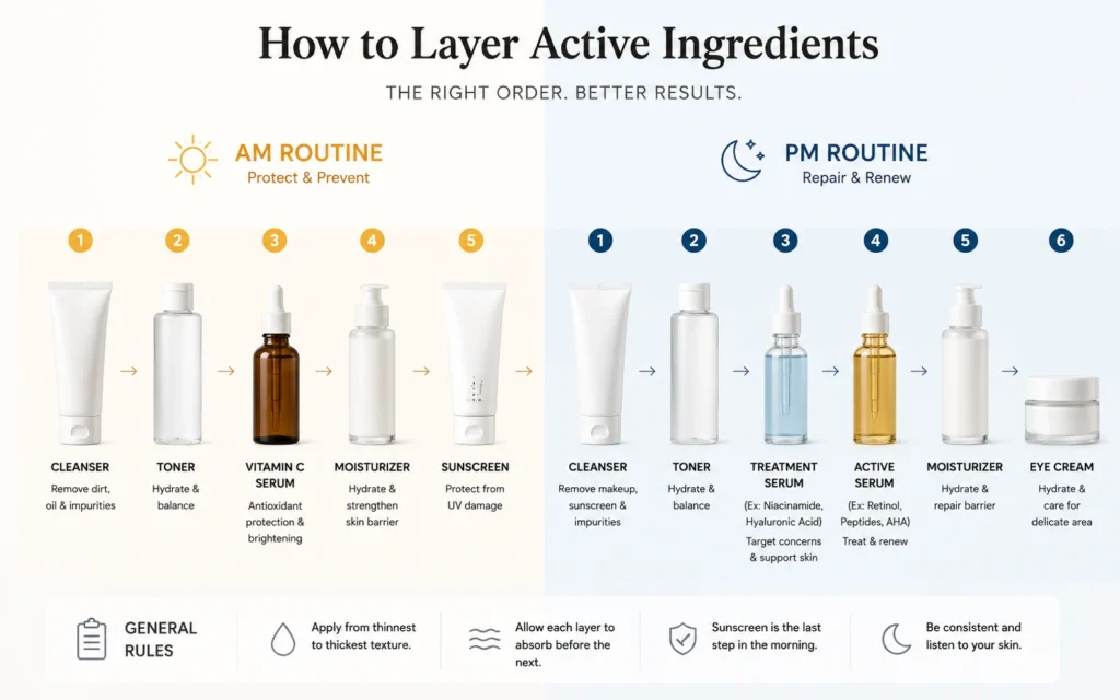 Morning and evening skincare routine diagram showing correct order to layer active ingredients