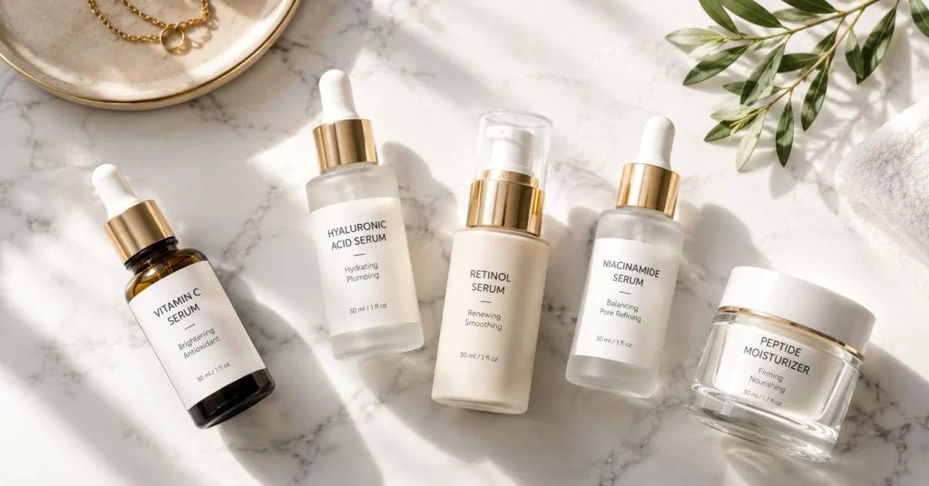 Collection of active ingredient skincare serums including retinol, vitamin C, and niacinamide arranged on marble surface