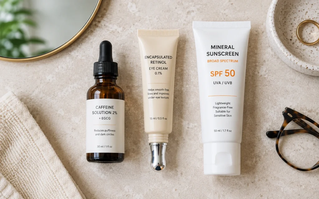 Beginner eye care products including caffeine solution, retinol eye cream, and sunscreen organized on a stone surface