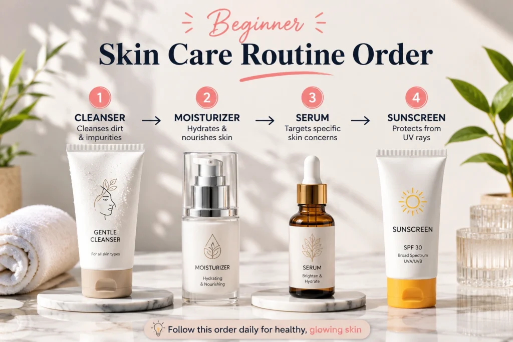 Beginner skin care routine order from cleanser to sunscreen