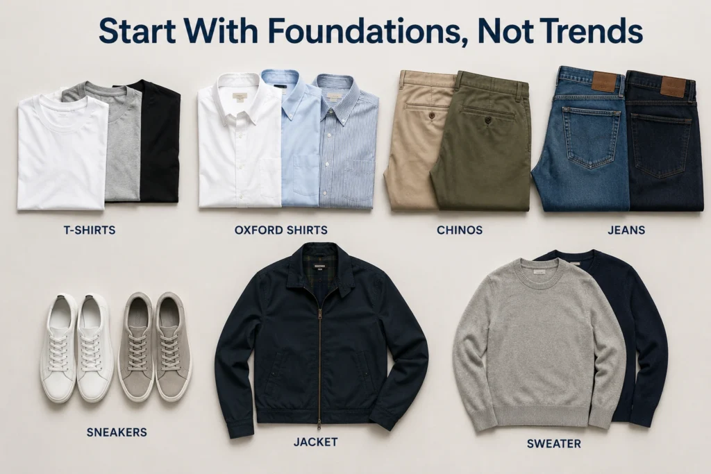 Beginner wardrobe essentials arranged by category including shirts, trousers, shoes, and outerwear