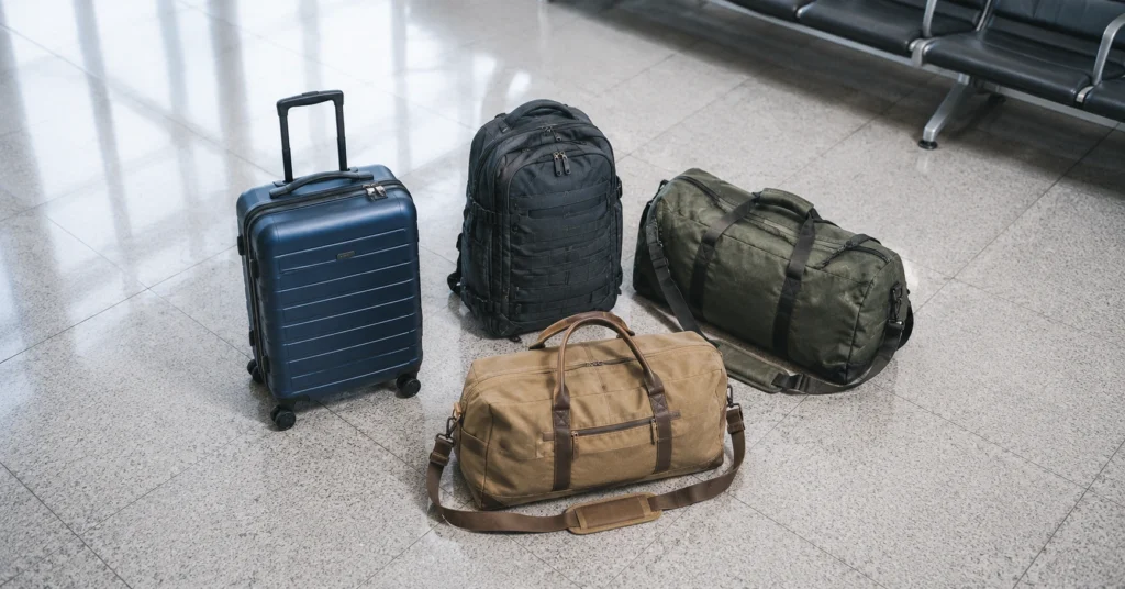 Four types of travel bags—carry-on suitcase, travel backpack, duffel bag, and weekender—arranged on airport floor