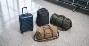 Four types of travel bags—carry-on suitcase, travel backpack, duffel bag, and weekender—arranged on airport floor