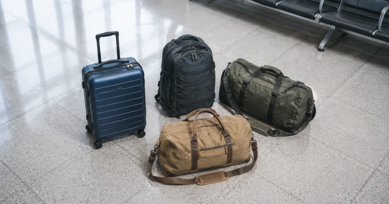 Four types of travel bags—carry-on suitcase, travel backpack, duffel bag, and weekender—arranged on airport floor