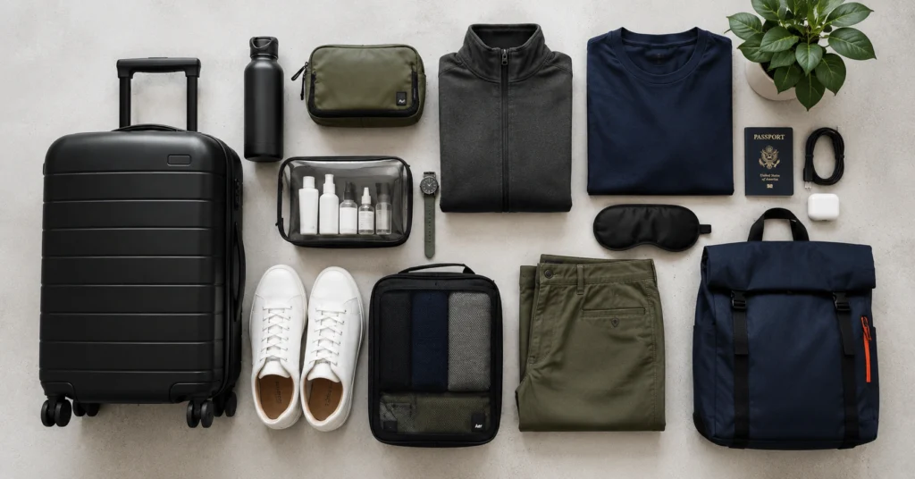 Travel organizers laid out including compression packing cubes, toiletry bag, tech organizer, and shoe bags
