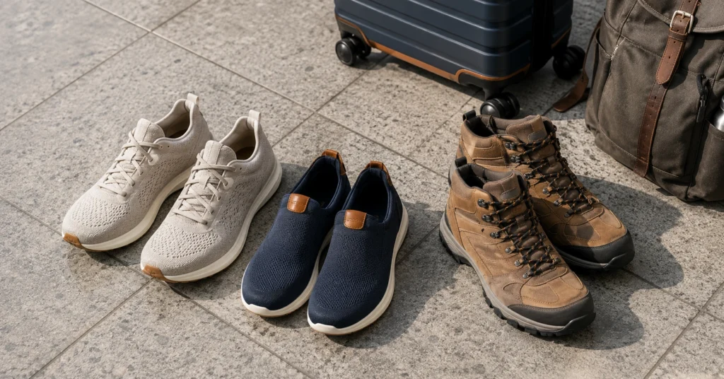 Three pairs of travel shoes — walking sneaker, trail shoe, and slip-on loafer — arranged on cobblestone surface showing different travel footwear options