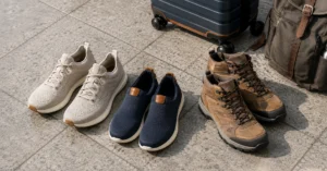 Three pairs of travel shoes — walking sneaker, trail shoe, and slip-on loafer — arranged on cobblestone surface showing different travel footwear options