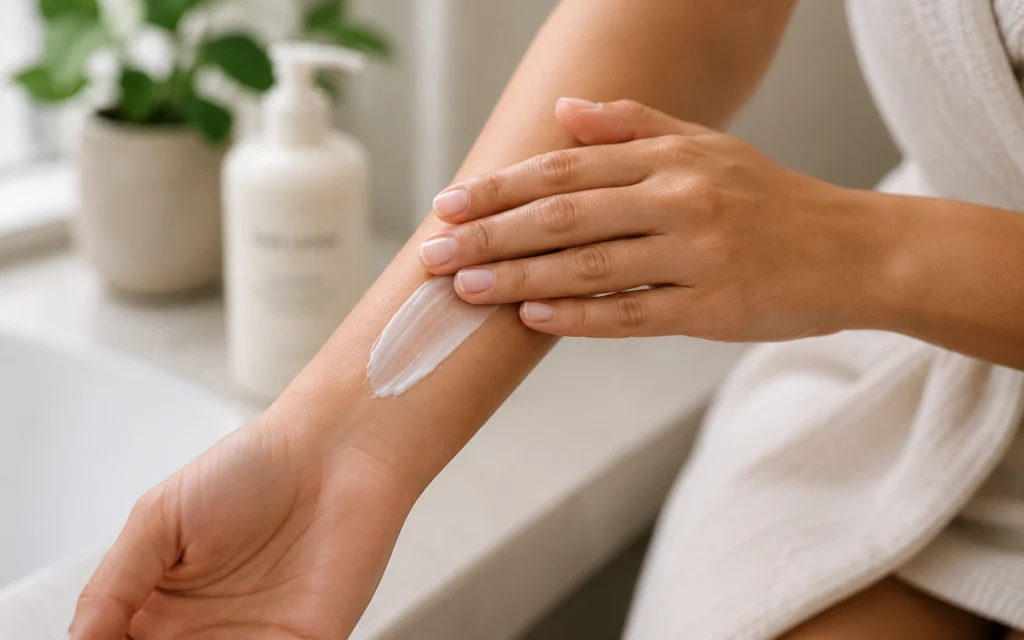 Applying body lotion to forearm.