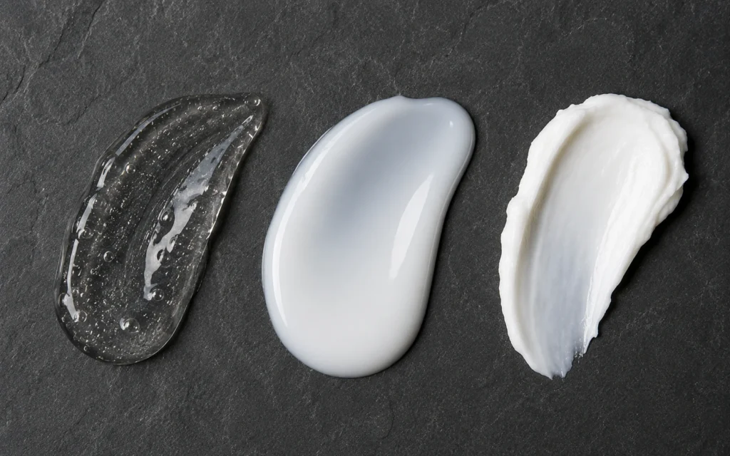 Comparison of gel cleanser, fluid body lotion, and thick barrier cream textures for a beginner guide