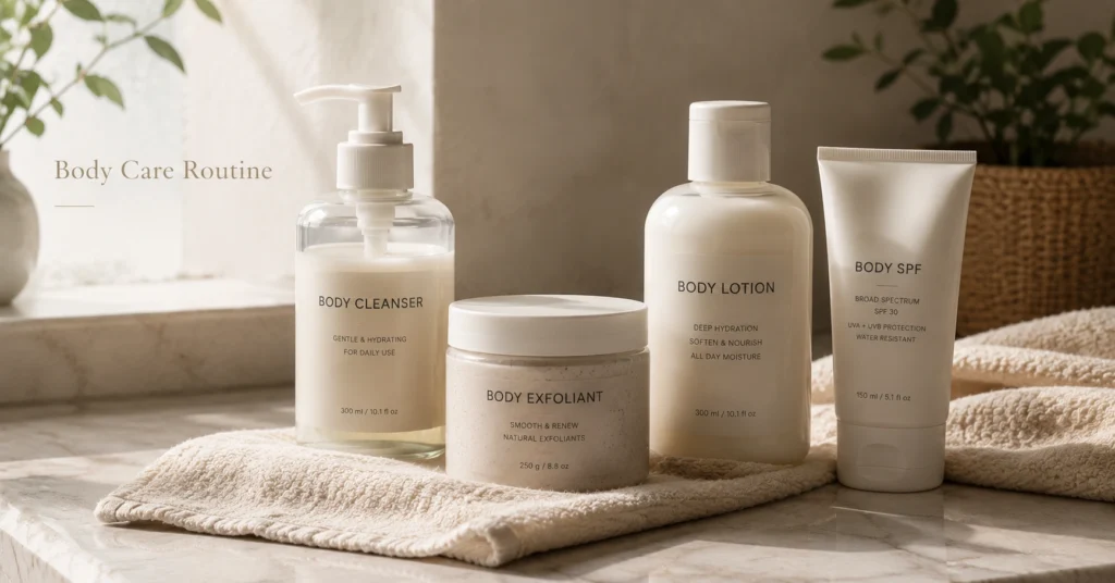 Four essential body care products on a bathroom counter