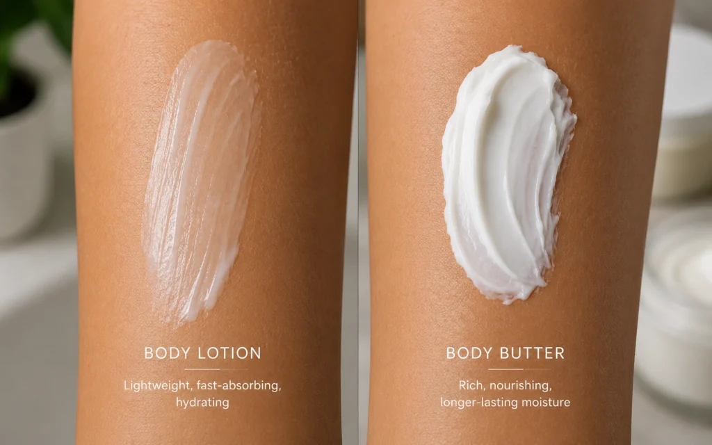 Side-by-side skin application showing body lotion absorbs quickly while body butter sits thicker on skin