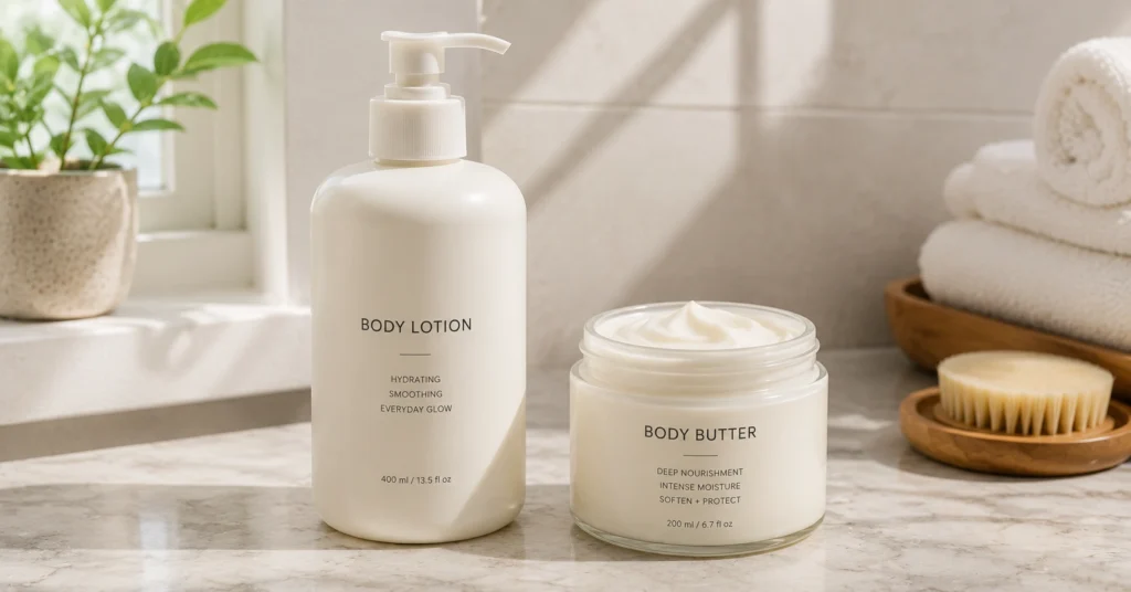 Body lotion pump bottle next to body butter jar showing texture difference for body care routine