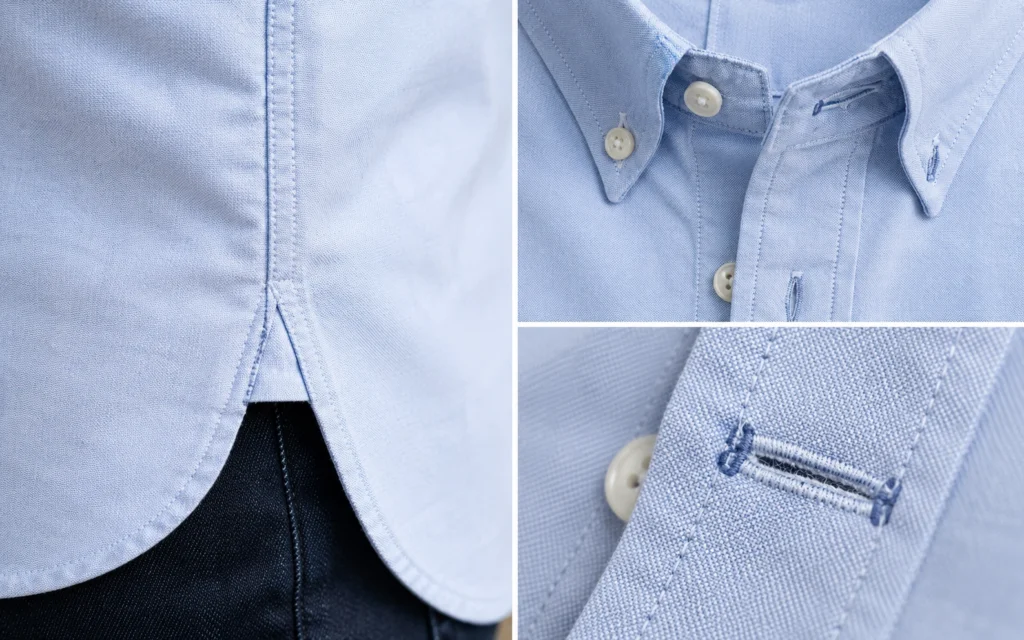 seam construction details on budget cotton shirt showing double-stitched seams and bar-tacked buttonholes