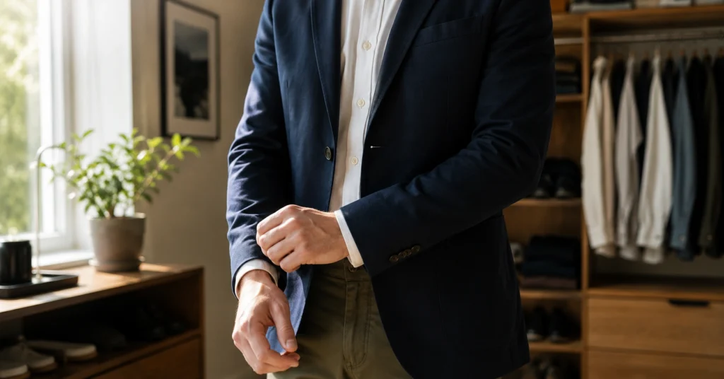 A professional adjusting the cuff of a navy unstructured blazer over a white Oxford shirt in a morning-lit closet