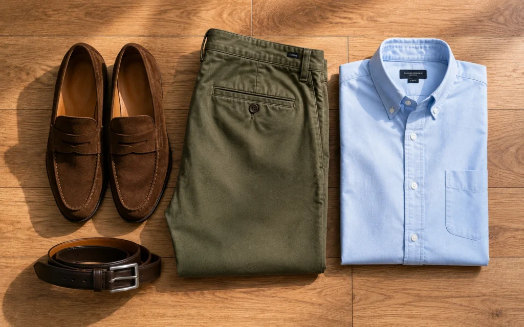 Flat lay of business casual clothing including olive chinos, a light blue poplin shirt, brown suede loafers, and a leather belt