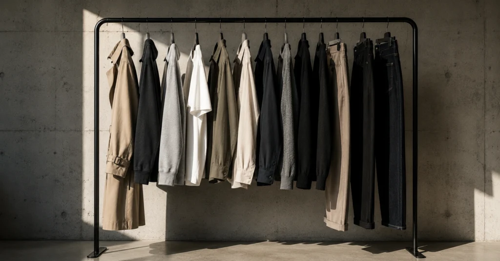 A minimalist matte-black clothing rack displaying a highly organized 12-piece seasonal capsule wardrobe in neutral earth tones