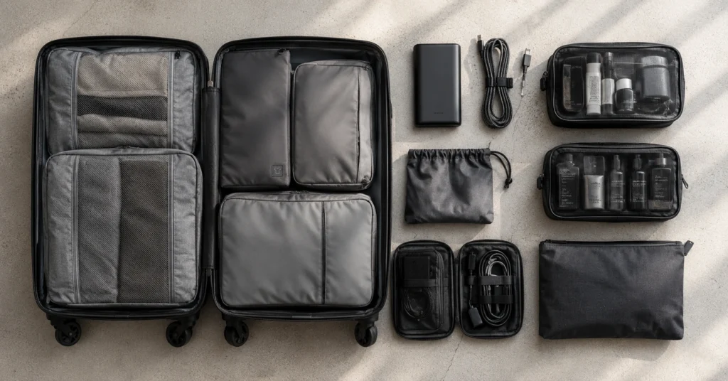 Structured carry on travel accessories arranged inside an open nylon suitcase on a minimalist grey surface