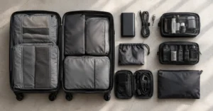 Structured carry on travel accessories arranged inside an open nylon suitcase on a minimalist grey surface