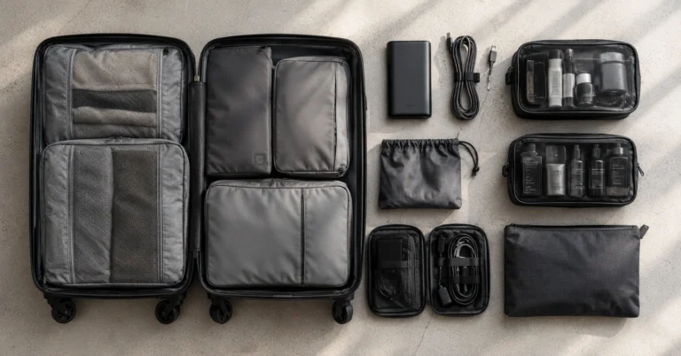Structured carry on travel accessories arranged inside an open nylon suitcase on a minimalist grey surface