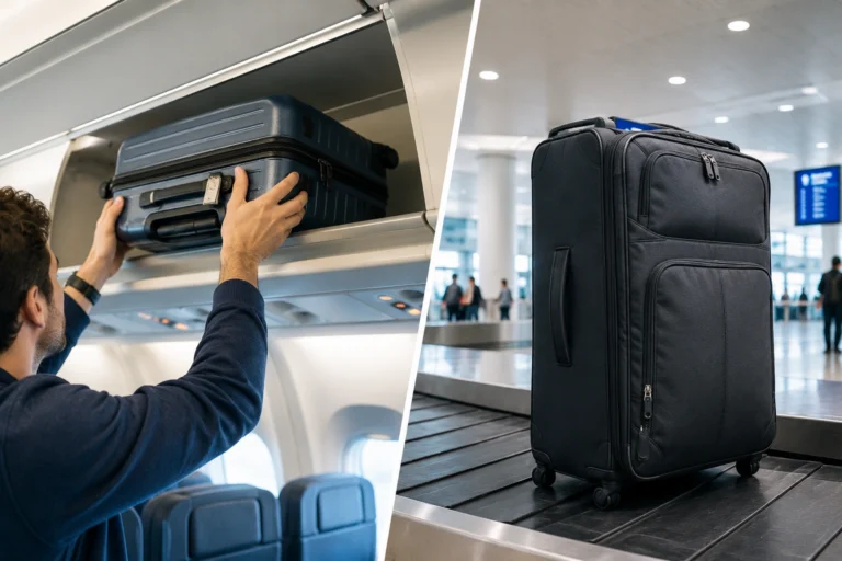 Side-by-side comparison of a hard-shell cabin carry on bag inside an overhead locker and a soft-shell checked suitcase on an airport baggage claim belt