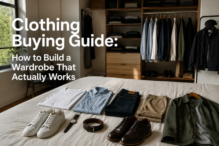 Capsule wardrobe essentials including shirts, jeans, chinos, jacket, and shoes arranged for a clothing buying guide.