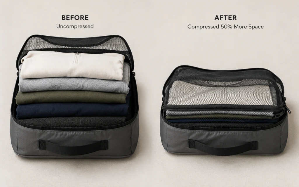 Packing cube before and after compression zipper engaged