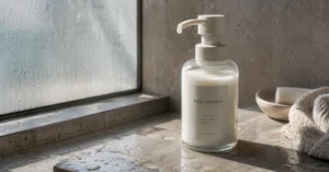Minimalist glass lotion bottle on a damp concrete ledge in soft morning light representing a daily body care routine