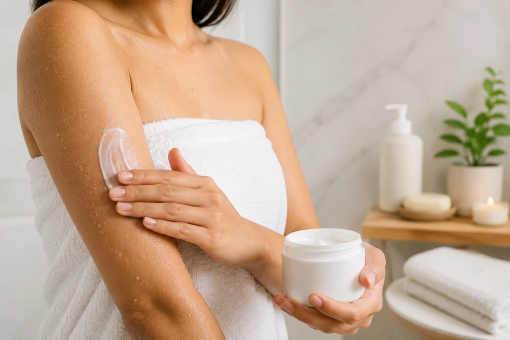 Applying body moisturizer after showering as part of a daily body care routine