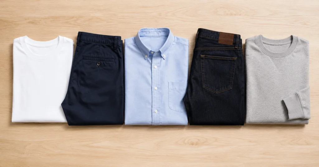 budget clothing essentials that dress well without looking cheap — white tee navy chinos cotton button-up dark jeans