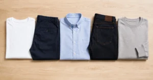 budget clothing essentials that dress well without looking cheap — white tee navy chinos cotton button-up dark jeans