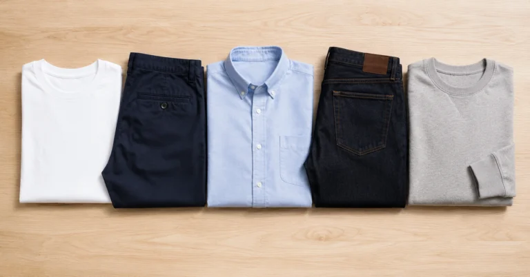 budget clothing essentials that dress well without looking cheap — white tee navy chinos cotton button-up dark jeans