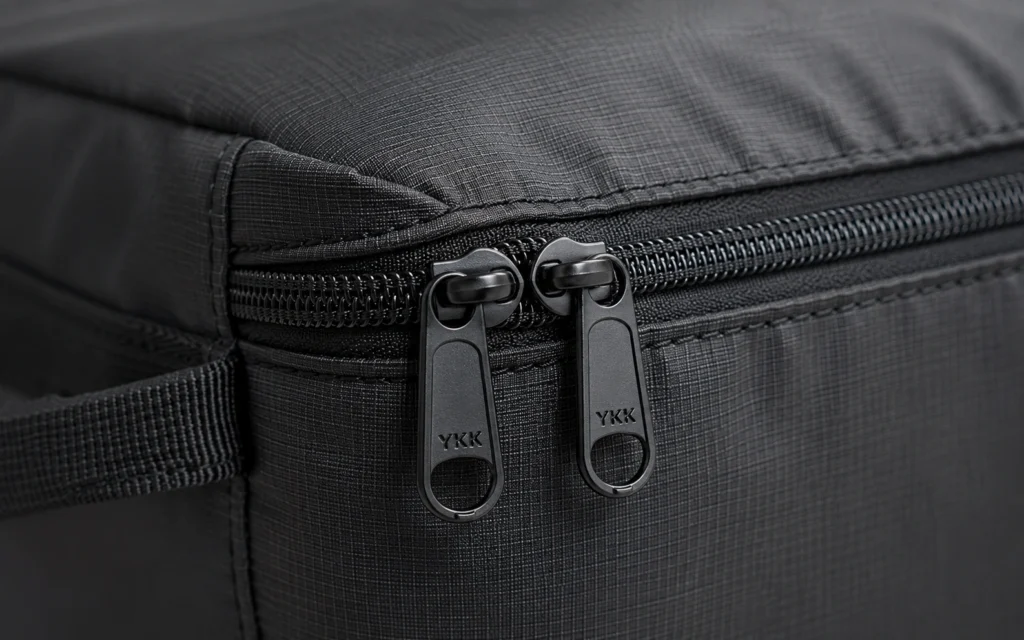 Close-up of a premium YKK zipper on a grey ripstop nylon travel packing accessory