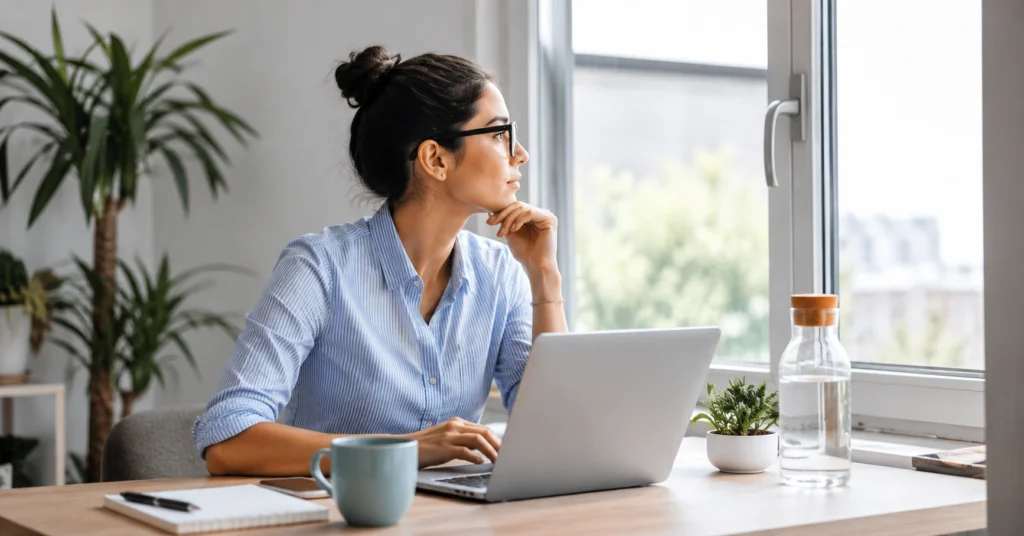 Person practicing healthy eye care habits while working on a computer