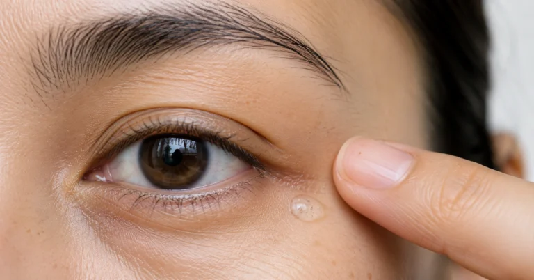 Close up of ring finger tapping eye cream along the orbital bone showing natural skin texture